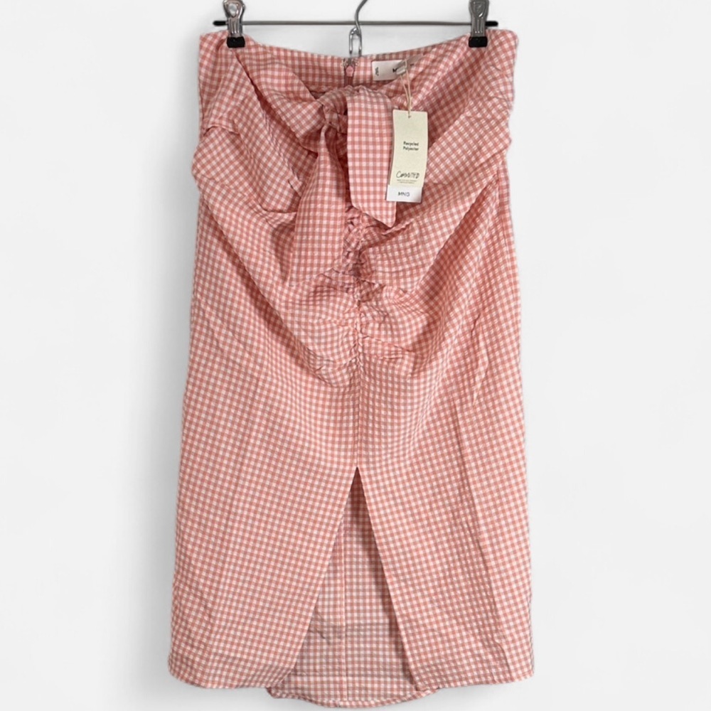 Mango Tie Front Pink Gingham Ruched Midi Skirt with Front Slit Size M NWT - Picture 2 of 10